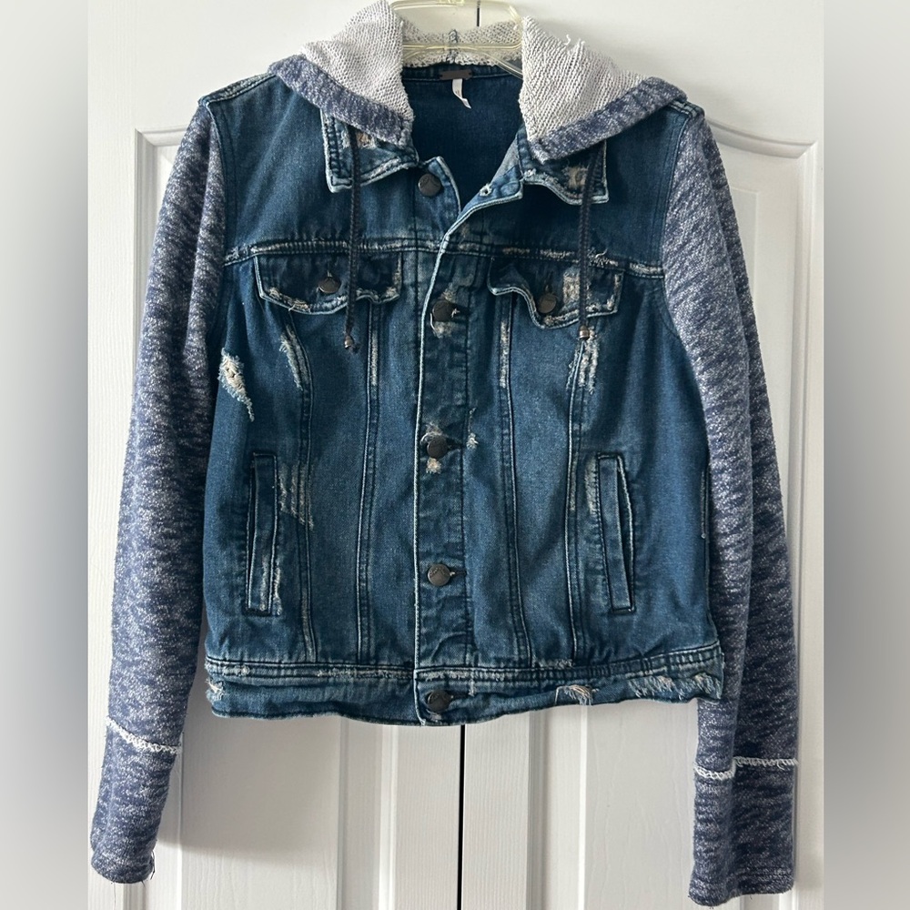 Free People Distressed Jean Jacket with hood. Size small